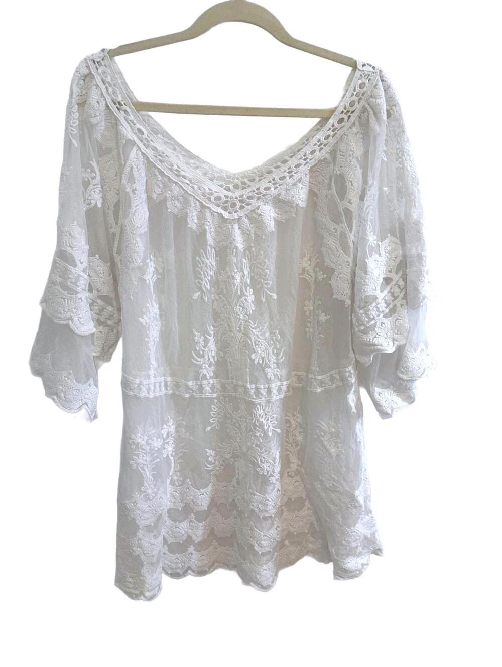 Women's Sheer White Lace Embroidered V-Neck 3/4 Sleeve Boho Blouse - XL